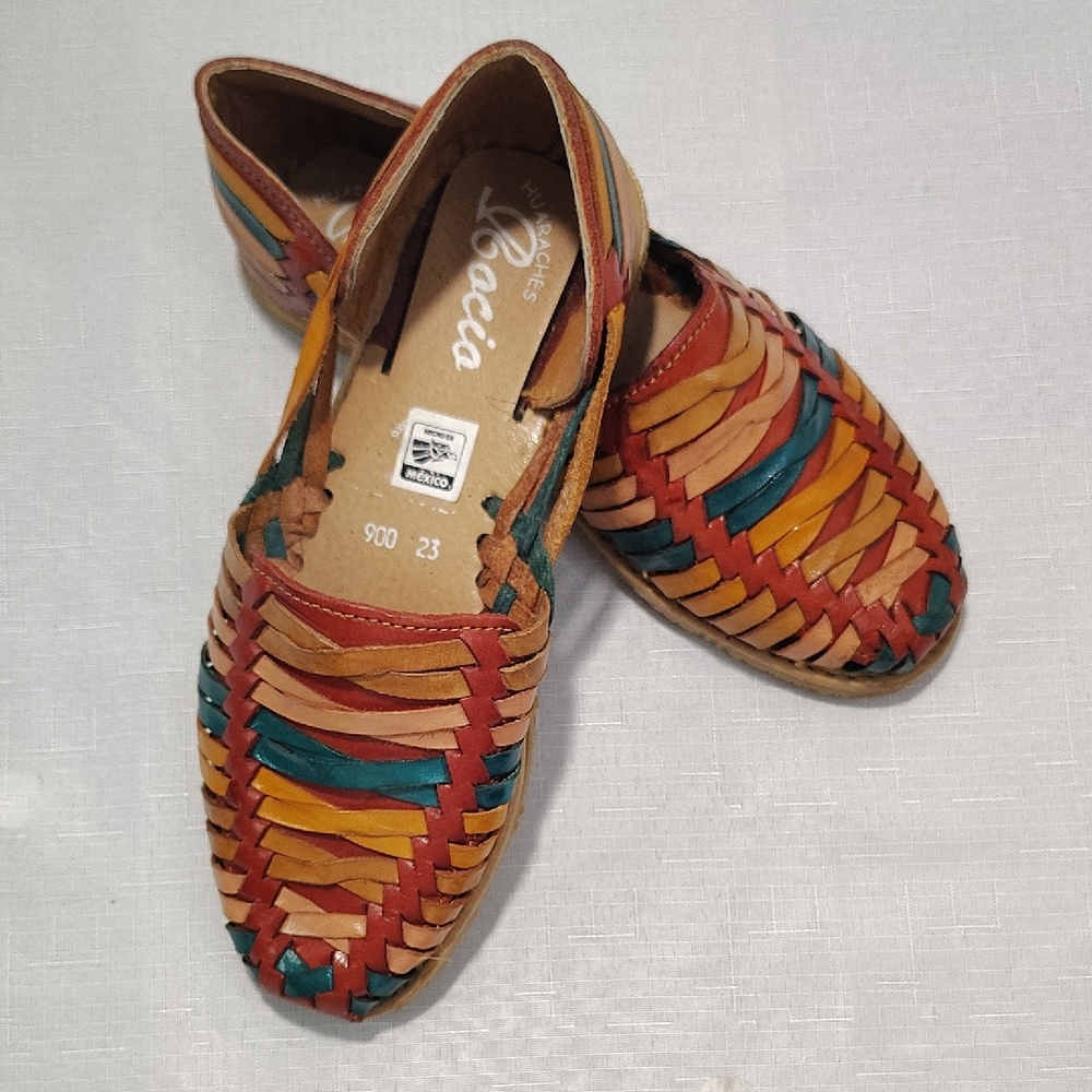 Red and Tan Leather Flats with Woven Design Size 5